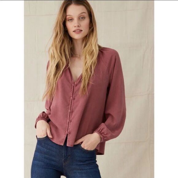 NWT Anthro Cloth & Stone Raglan Ruffle Neck Blouse in Blue/Green Size: M - Picture 4 of 16